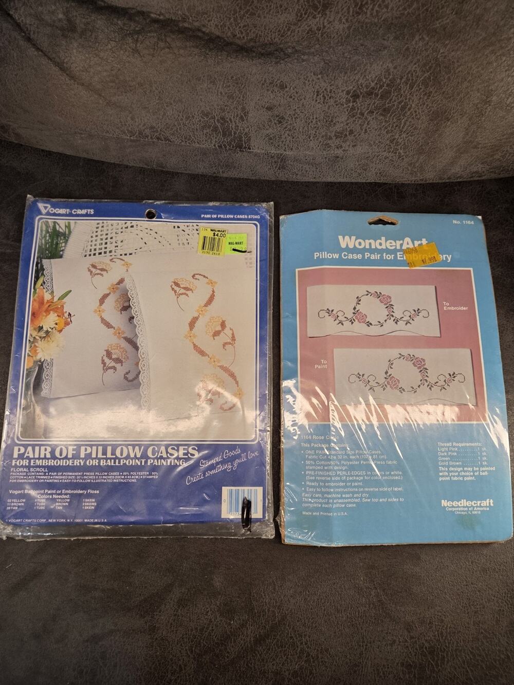 Vtg Stamped Pillowcase Kits Vogart Floral Scroll WonderArt Rose Circle NOS Set 2